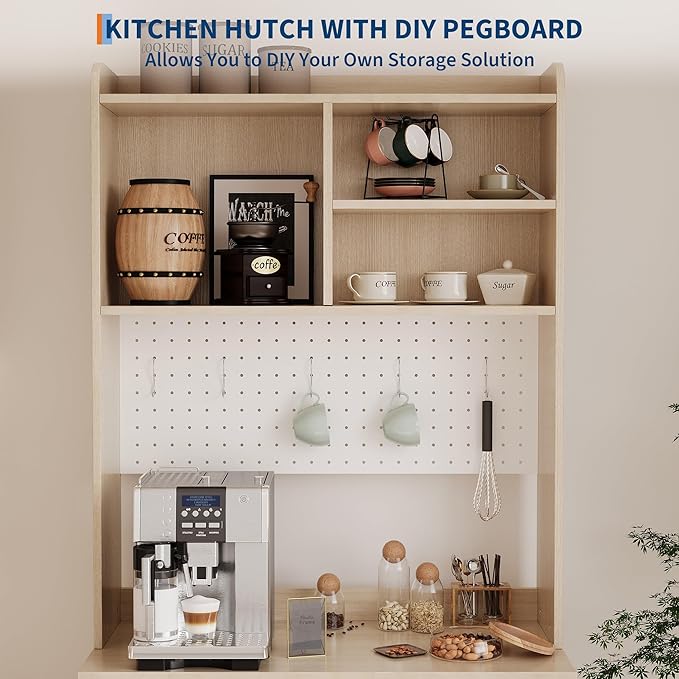 71" Kitchen Pantry Cabinet with Double Glass Doors and Pegboard, Wooden Cabinet with Open Shelves and Countertop,Kitchen Hutch with Storage for Dining Room or Living Room, Natural
