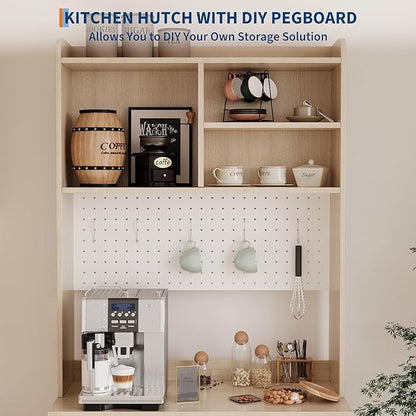 71" Kitchen Pantry Cabinet with Double Glass Doors and Pegboard, Wooden Cabinet with Open Shelves and Countertop,Kitchen Hutch with Storage for Dining Room or Living Room, Natural