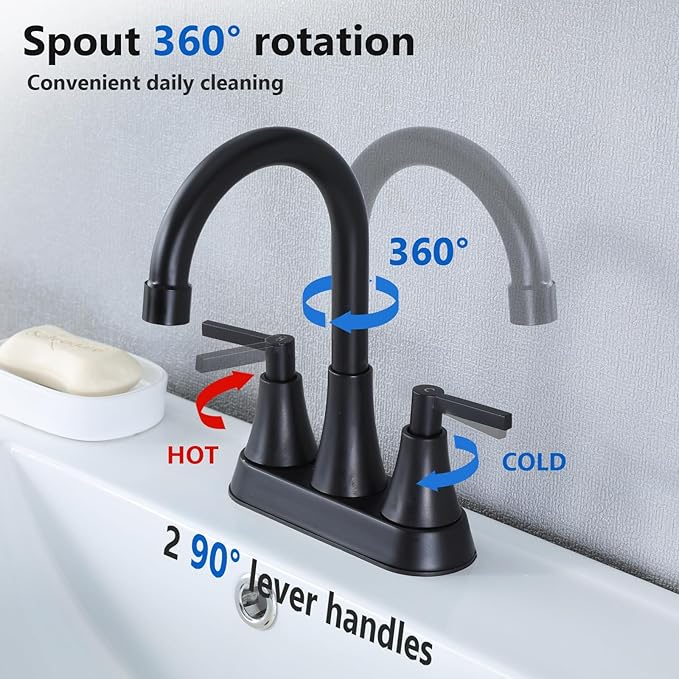 VCCUCINE Bathroom Faucet Matte Black 2 Handle,4-Inch Centerset Bathroom Sink Faucet with pop-up Drainer and 2 Water Supply Hoses, 360°Swivel Spout Bath Rv Lavatory Vanity,2 Pack,VC-MC-010B-2