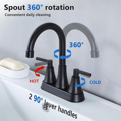 VCCUCINE Bathroom Faucets for Sink 3 Hole, Hurran 4 inch Matte Black with Pop-up Drain and 2 Supply Hoses, Stainless Steel 2-Handle Centerset Faucet for Sink Vanity
