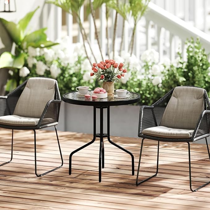 Giantex 27.5" Outdoor Bistro Table, Patio Round Dining Table w/Tempered Glass Tabletop & 1.57" Umbrella Hole, Heavy-Duty Metal Frame for Garden Yard Poolside Porch (27.5"x27.5"x28")