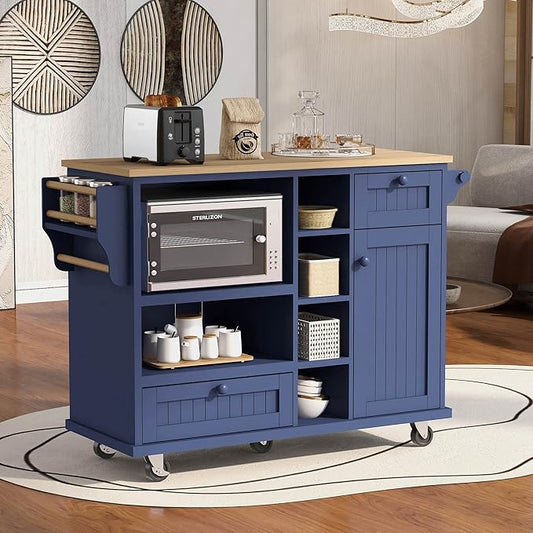 Kitchen Island Cart with Storage Cabinet and Two Locking Wheels, Microwave Cabinet, Solid Wood Desktop, Floor Standing Buffet Server Sideboard for Kitchen Room, Dining Room, Bathroom (Dark blue-JZP1)