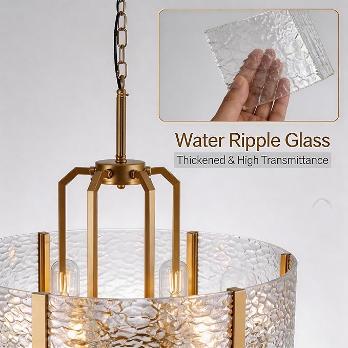 COCOSTAR Modern Glass Drum Chandeliers for Dining Room,6 Lights Farmhouse Crystal Chandelier,24" Vintage Foyer Lighting Fixtures,Gold Pendant Lights for Kitchen Island,Bedroom,Living Room