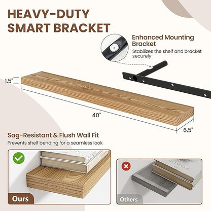 Acovy 40 Inch Floating Shelves for Wall 2 Pack, 40" Wall Shelves for Books, Storage, Decor, Wall Mounted Floating Shelf with Invisible Brackets for Kitchen, Living Room, Light Brown