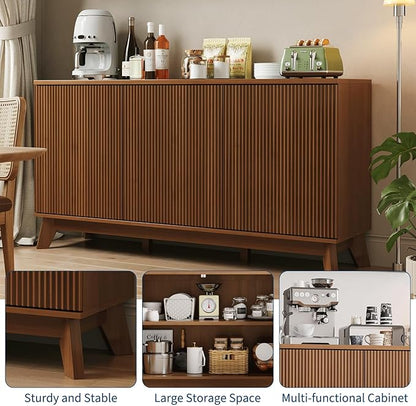 GarveeHome 58" Modern Farmhouse Sideboard Buffet Cabinet with Adjustable Shelves Storage & 4 Doors, Wood Buffet Console Table, Curved Design, Cupboard Coffee Bar Cabinet for Dining Room, Living Room