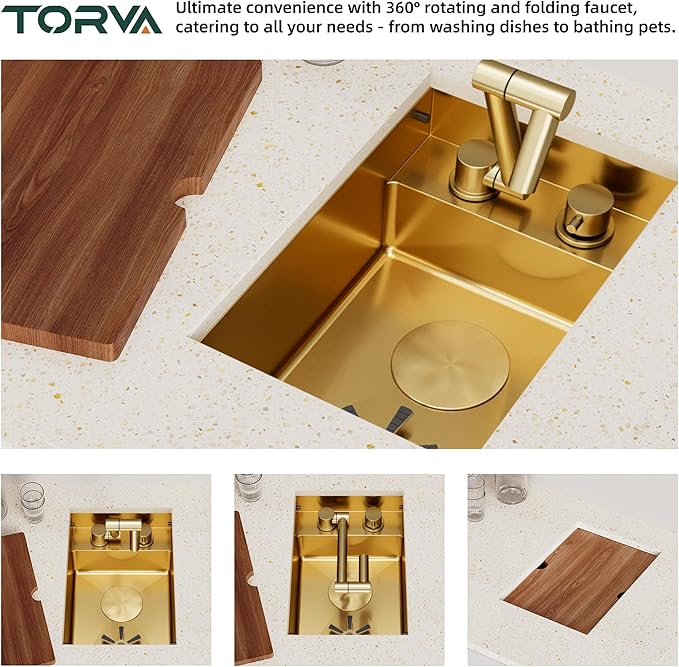 TORVA Gold RV Kitchen Sink, 12x17x7 Inch Compact Bar Sink, 16 Gauge T304 Stainless Steel Undermount Nano Coated Sink, Space-Saving Design for Camper Van, Boat, and Tiny Home