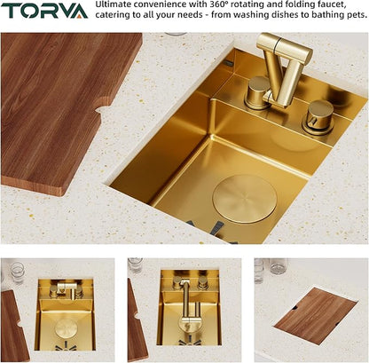 TORVA Gold RV Kitchen Sink, 12x17x7 Inch Compact Bar Sink, 16 Gauge T304 Stainless Steel Undermount Nano Coated Sink, Space-Saving Design for Camper Van, Boat, and Tiny Home