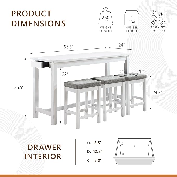 Lexicon 4-Piece Counter Height Table with 3 Stools, Wood Kitchen Counter Table Set with 2 Built-in USB Ports, 2 Charging A/C Power Outlets, Console Drawer, Upholstered Bar Stools, White