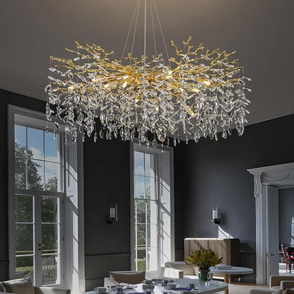 Crystal Tree Branches Chandeliers Round Raindrop Pendant Light Fixture 15 Lights for Dining Room Bedroom Living Room Entryway 39.5" Gold