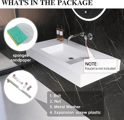 47"X19" Wall Mount Sink Matte Bathroom Vanity Vessel Sinks Artificial Stone Rectanglee Indoor Outdoors Modern Floating or Countertop Freestanding Wall Hang Sink Bowl… (without Holes 47'')