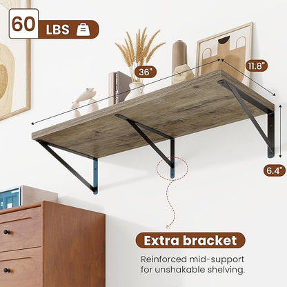 Deep Wall Shelves 36"W x 12"D Engineered Wood Floating Shelves for Wall, Sturdy Metal Bracket Bookshelves Home Decor Storage for Living Room Bedroom Bathroom Kitchen, Set of 2, Grey Finish