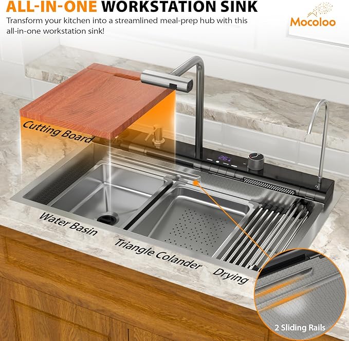 Mocoloo 30 Inch Honeycomb Waterfall Kitchen Sink Drop in, 30x19 Inch Stainless Steel Workstation Sink 16 Gauge Topmount Single Bowl LED Display Sink with Complete Kit