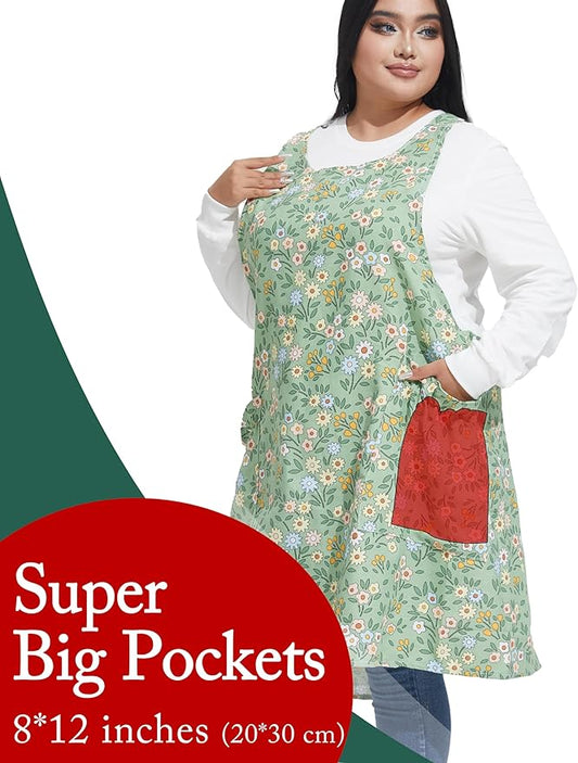Big Plus Size Aprons for Women with Pockets Cotton Linen Baking Kitchen Cooking