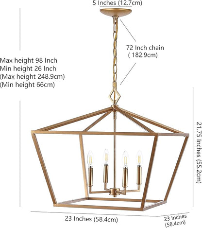 JONATHAN Y 23" Gold 4-Light Rustic Glam Adjustable Iron LED Pendant, Open Cage Lantern Hanging Light for Dining Room, Kitchen Island, Foyer, Farmhouse French Country (JYL7520C)