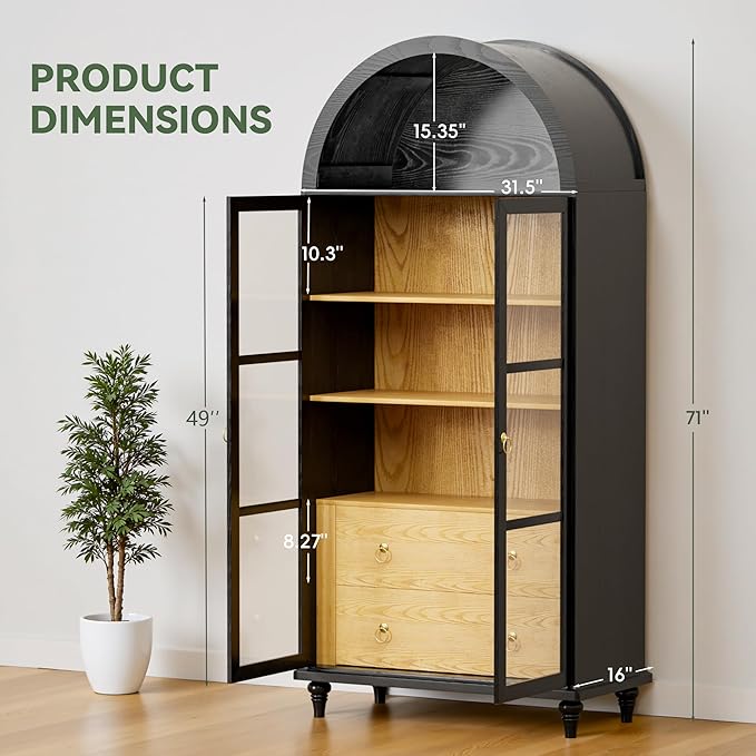YESHOMY 71" Tall Arched Pantry Cabinet, Storage Cabinets with 2 Large Drawers and 3 Shelves, Wood Bookshelf, Modern Farmhouse Cupboard for Living Room, Kitchen, Dining Room, Black