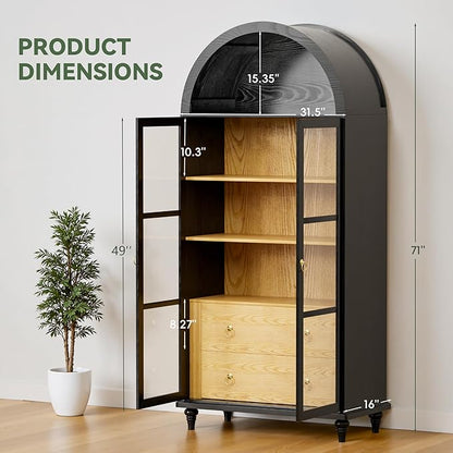 YESHOMY 71" Tall Arched Pantry Cabinet, Storage Cabinets with 2 Large Drawers and 3 Shelves, Wood Bookshelf, Modern Farmhouse Cupboard for Living Room, Kitchen, Dining Room, Black