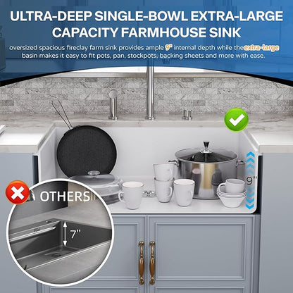 32 White Undermount Kitchen Sink, Hugsleek Topmount & Undermount Kitchen Sink 32x19 inch White Porcelain Ceramic Fireclay Sinks Dual Mount Accessories Single Bowl Under Counter Sinks Basin Drop In