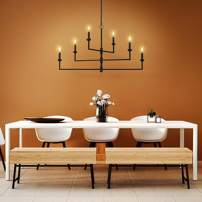 Globe Electric 67000125 6-Light Chandelier, Matte Black, 3-Tier Construction, Black Chain, Swivel Arms, Candelabra Base Bulbs, Ceiling Light Fixture, Chandeliers for Dining Room, Home Decor