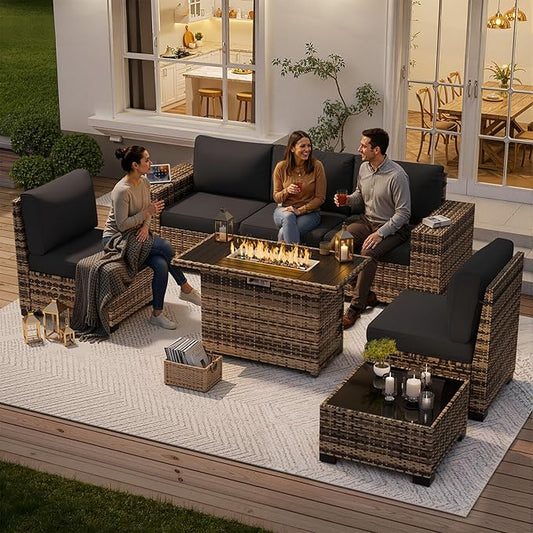 Patio Furniture Set, Wide Armrest Outdoor Furniture Set with 44" Fire Pit Table Thick Cushions, 7 Piece Wicker Rattan Patio Sectional Sofa for Backyard, Poolside, Garden