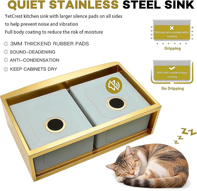 33 Inch Gold Farmhouse Sink Undermount Double Bowl, 16 Gauge 50/50 Stainless Steel Apron Front Workstation Far Sink, 33"x20"x10" Large and Deep Kitchen Sink With Accessories