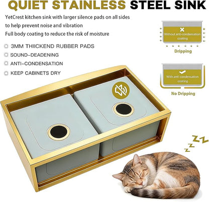 33 Inch Gold Farmhouse Sink Undermount Double Bowl, 16 Gauge 50/50 Stainless Steel Apron Front Workstation Far Sink, 33"x20"x10" Large and Deep Kitchen Sink With Accessories