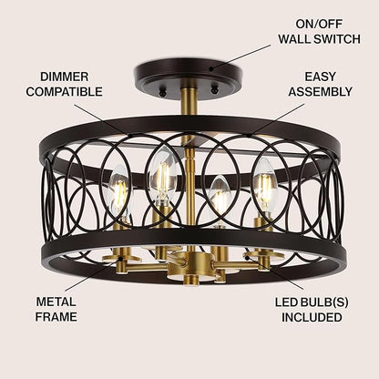 JONATHAN Y 15.5" Oil Rubbed Bronze/Brass Gold 4-Light Metal LED Semi-Flush Mount Ceiling Light, Metal Fretwork Shade for Bedroom Entryway Hallway, Traditional Round Dimmable Fixture (JYL9040B)