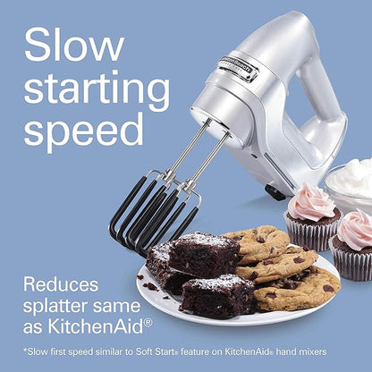 Hamilton Beach Professional 7-Speed Digital Electric Hand Mixer with High-Performance DC Motor, Slow Start, Snap-On Storage Case, SoftScrape Beaters, Whisk, Dough Hooks, Silver and Chrome (62657)