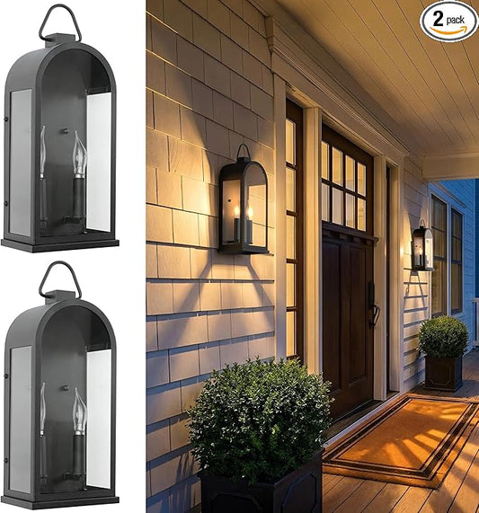 Outdoor Wall Light Fixtures, 2-Light Porch Lights Outdoor, Matte Black Exterior Waterproof Wall Sconce with Glass Shade, Outside Lantern for House Doorway Patio Entryway, E12 Socket, 2 Pack