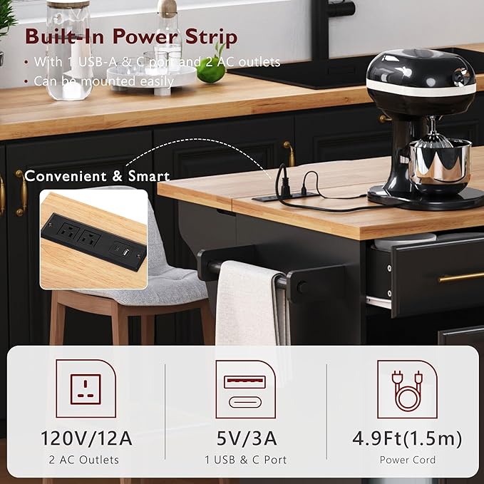 JIJIWANG 59.3" Kitchen Island with Storage 2 Pull Out Cabinet Organizers & Rubber Wood Drop Leaf, Rolling Island with Trash Can Storage, Power Outlet, Spice & Towel Rack for Kitchen, Dining, Black