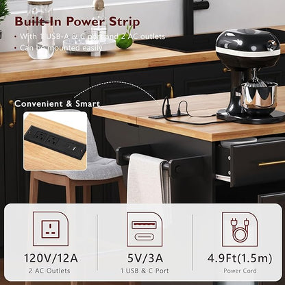 JIJIWANG 59.3" Kitchen Island with Storage 2 Pull Out Cabinet Organizers & Rubber Wood Drop Leaf, Rolling Island with Trash Can Storage, Power Outlet, Spice & Towel Rack for Kitchen, Dining, Black