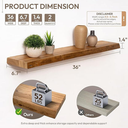 Marsmiles 36 inch Floating Shelves for Wall Elm Wood Live Edge Shelves|Rustic Wall Shelves with Invisible Heavy-Duty Bracket for Bathroom Living Room Kitchen|Natural, 2 Pack