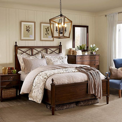 Farmhouse Chandelier Light Fixture for Kitchen Dining Room, 4-Light Rustic Pendant Hanging Ceiling Light Height Adjustable in Oak Wood Finish, Cage Lantern Lighting with E12 Base for Hallway Foyer