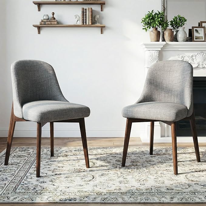 Casaphoria Set of 2 Upholstered Dining Chairs, Light Grey Fabric Kitchen Chairs with Walnut Wood Legs, Modern Accent Chairs for Dining Room, Living Room or Kitchen