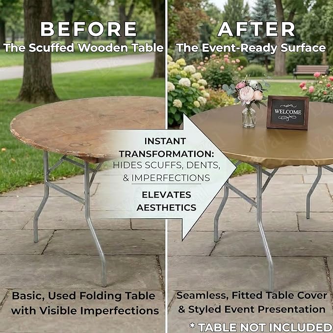 Kwik-Covers 10 Pack of Round Plastic Table Covers - 60" or 72" Round - Indoor or Outdoor Fitted Covers (Tables NOT Included) (Metallic Gold, 60" Round)