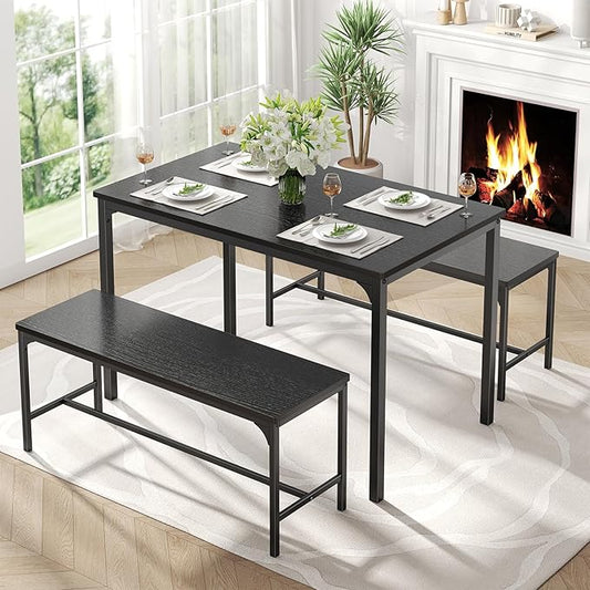 DUMOS Dining Table, Dining Table Set for 4 with Bench, Easy to Assemble Kitchen Table, Space-Saving Ideal 4-Person Set for Dining Room Kitchen Apartment Corner Dark Black 3 Pack