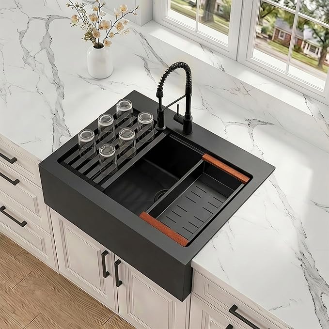 30 Inch Farmhouse Black Sink, 16 Gauge 304 Stainless Steel Farm Sinks, Drop In Topmount Single Bowl Workstation Sink with all Accessories, 30" x 22" x 10" Deep Kitchen Sink