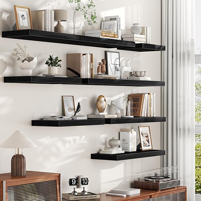 Black Floating Shelves for Wall, 55 Inch Floating Shelves Set of 1, Wall Mounted Rustic Wood Shelf for Bathroom, Living Room, Bedroom and Kitchen, Hanging Shelf for Storage, Books, Home Decor