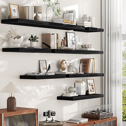 Floating Shelves Set of 2, 12 Inch Deep Floating Shelves with Heavy Duty Brackets, 20'' Rustic Black Wood Wall Mounted Shelf for Bathroom, Bedroom, Living Room & Kitchen, Modern Home Decor Storage