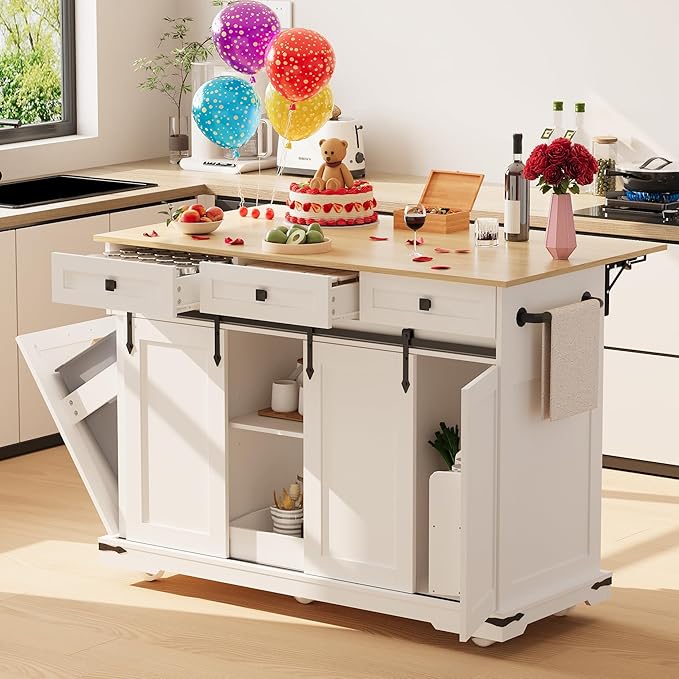 Large Rolling Kitchen Island with Power Outlet, Mobile Kitchen Cart on Wheels with Drop Leaf, 3 Drawers, Trash Can Storage, Spice Rack, Towel Holder, Kitchen Island Table for Dining Room, Home, White