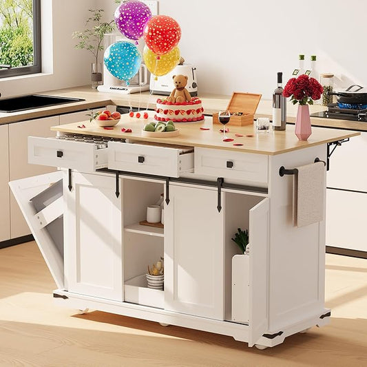 Large Rolling Kitchen Island with Power Outlet, Mobile Kitchen Cart on Wheels with Drop Leaf, 3 Drawers, Trash Can Storage, Spice Rack, Towel Holder, Kitchen Island Table for Dining Room, Home, White