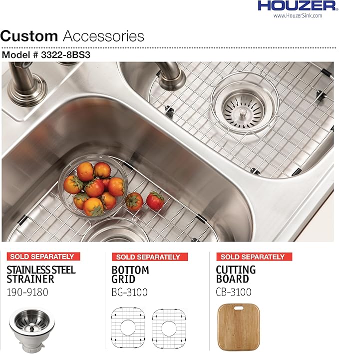 Houzer Glowtone Stainless Steel Kitchen Bar & Prep Sink - 33 Inch Drop-In Topmount 3-Hole 50/50 Double Bowl Sink, Durable & Versatile, Nested 36-Pack - 3322-8BS3-36