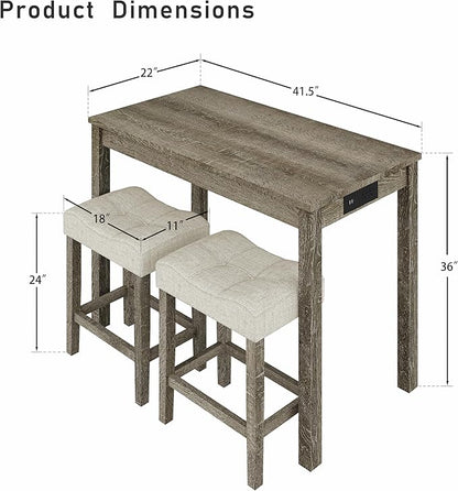 allamazing 3-Piece Counter Height Bar Table Set with Socket and 2 Fabric Padded Bar Stools, Tall Kitchen Breakfast Dining Table Set with Stools (1+2 Natural)