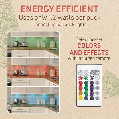Under Cabinet LED Puck Lighting Kit with 3 RGB Multicolor LED Puck Lights, Remote, On/Off Switch & Plug in 333310