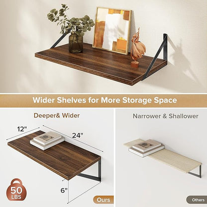Acovy Deep Floating Shelves Wall Mounted, 24"x12" Walnut Wall Shelves with Brackets Set of 2 for Bedroom, Living Room, Bathroom, Kitchen, Office - Storage & Display Shelf for Decor, Books, Plants