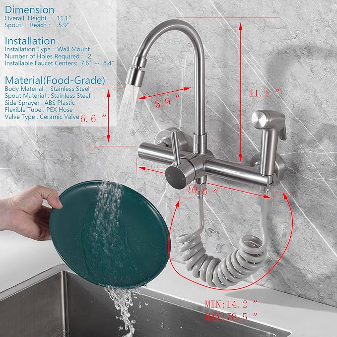8" Center Wall Mount Kitchen Faucet with Side Sprayer, Brushed Nickle Stainless Steel Sink Mixer Tap, Lead-Free, 360° Swivel Spout
