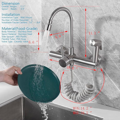 8" Center Wall Mount Kitchen Faucet with Side Sprayer, Brushed Nickle Stainless Steel Sink Mixer Tap, Lead-Free, 360° Swivel Spout