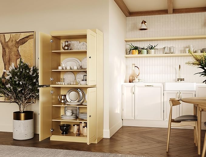 Palace Imports Solid Wood Kitchen Pantry Cabinet - 71.5" Tall x 32" Wide - Wooden Storage Cabinet with 4 Doors & Adjustable Shelves, Yellow, 100% Renewable Eco-Friendly Wood, Made in Brazil