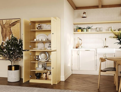 Palace Imports Solid Wood Kitchen Pantry Cabinet - 71.5" Tall x 32" Wide - Wooden Storage Cabinet with 4 Doors & Adjustable Shelves, Yellow, 100% Renewable Eco-Friendly Wood, Made in Brazil