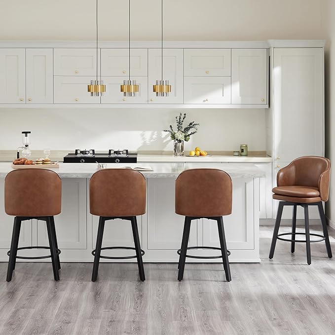 KISLOT Counter Height Barstools 26 inch Upholstered Swivel Bar Stools with Back for Kitchen Island,Set of 2,Brown PU Leather