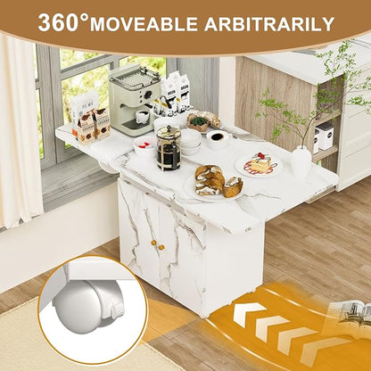 Multi-Functional Folding Dining Table with Storage Cabinet and Wheels - Marble Texture MDF Kitchen Island, Console Table, Desk - Space Saving Furniture for Small Spaces,47.24"L x 28.35"W x 29.92"H